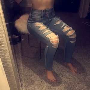 Super stretch high waisted destroyed jeans